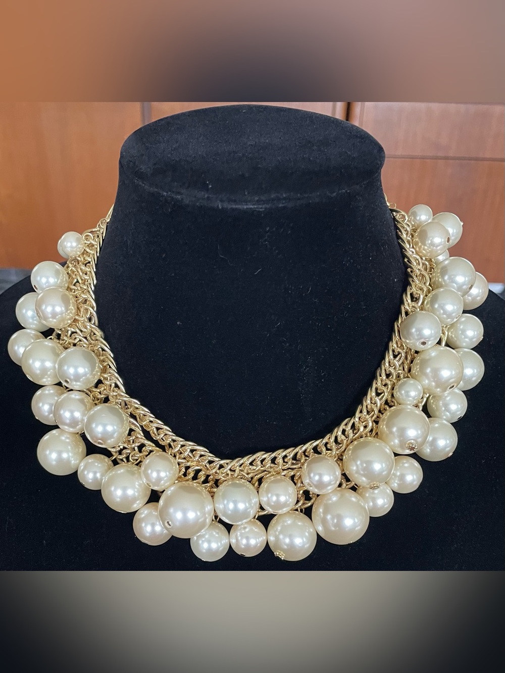 Vintage Scaasi Faux Pearl Statement Necklace Gold Tone Multi Strand Runway 1980s - Picture 3 of 11